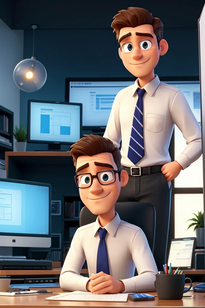 Create a professional man, working on a project! In front of a computer screen, he is planning a Lean Management planning framework! On the computer screen, The phased structure of your Lean Management project should appear! Add a goatee to the one sitting!