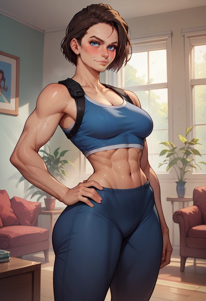 in a living room, one hand on hip, seductive smirk, medium breasts, wide hips, big ass, Jill Valentine,standing, blushing,sweating, muscular arms
