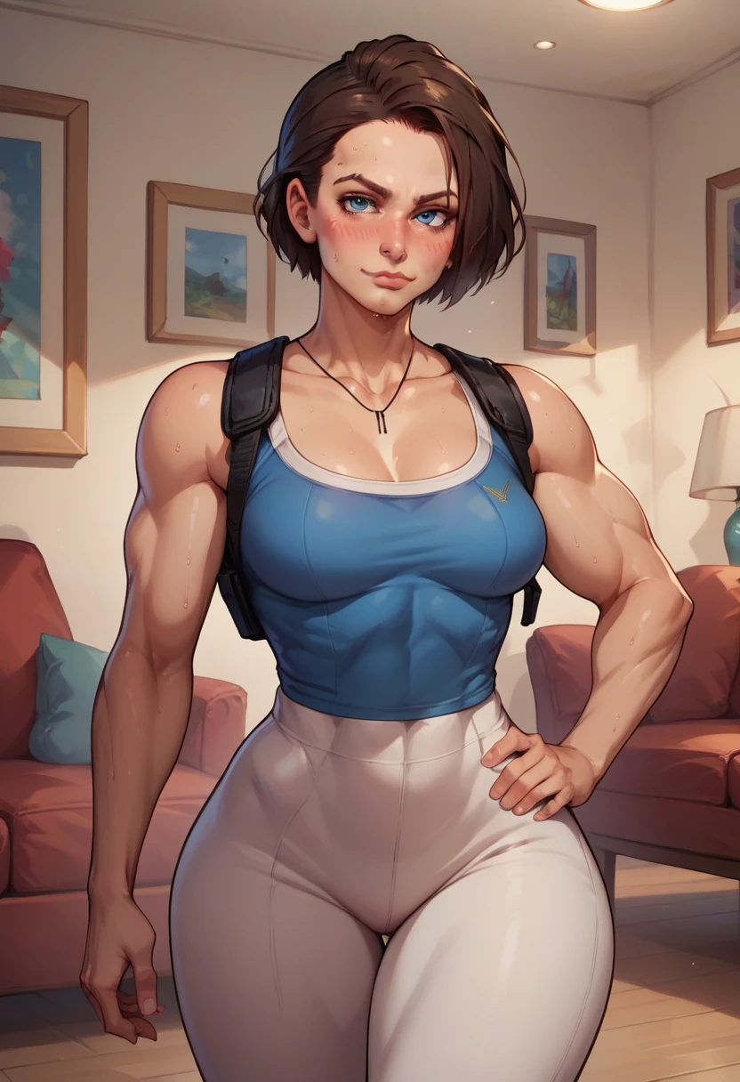 in a living room, one hand on hip, seductive smirk, medium breasts, wide hips, big ass, Jill Valentine,standing, blushing,sweating, muscular arms