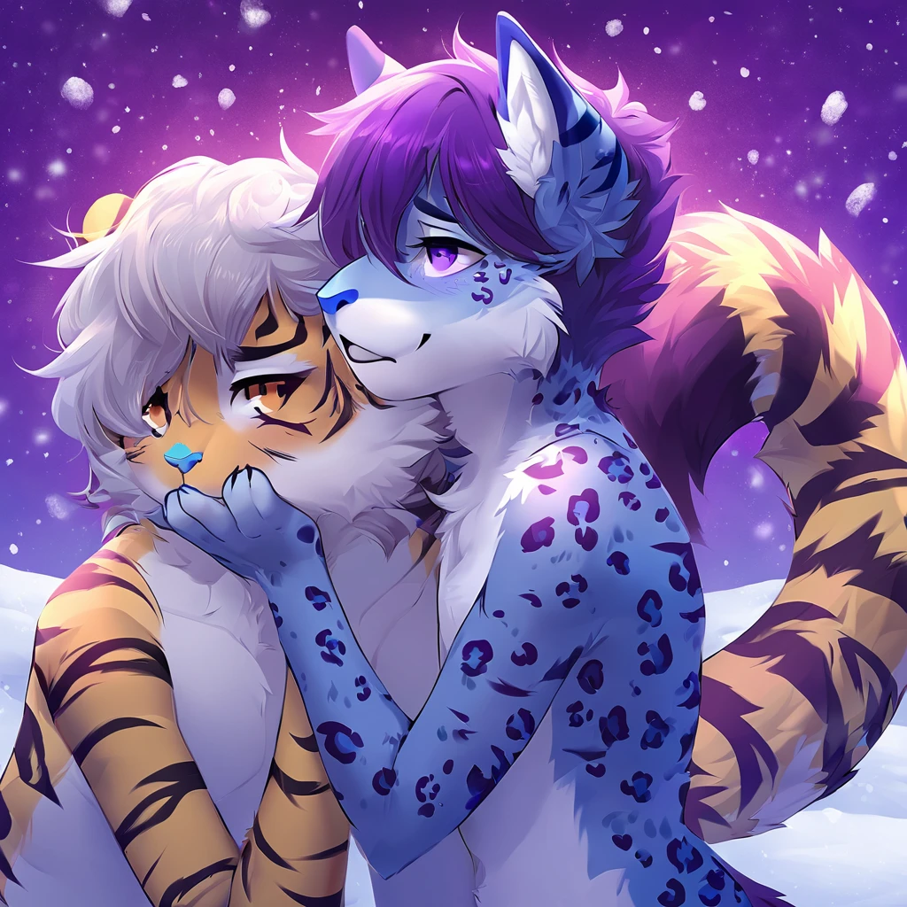 adult, feline, mammal, anthro, anthropomorphic, snow, leopard, cat, striped_feline, fur, furred_anthro, fluffy_tail, femboy, male, bangs, ear_tufts, blue_nose, blue_fingers, hair_tuft, hair_between_eyes, long_tail, fluffy, feline_ears, expressive_eyes, purple_hair, purple_galaxy, purple_galaxy_background, light, looking_at_viewe, blue_fur, shy, small_pupils, spotted_pattern, stripes, tail, tiger_stripes, digital_art, high_resolution, high_res, background shy, head_visible, neck_visible, profile_picture, seductive_face