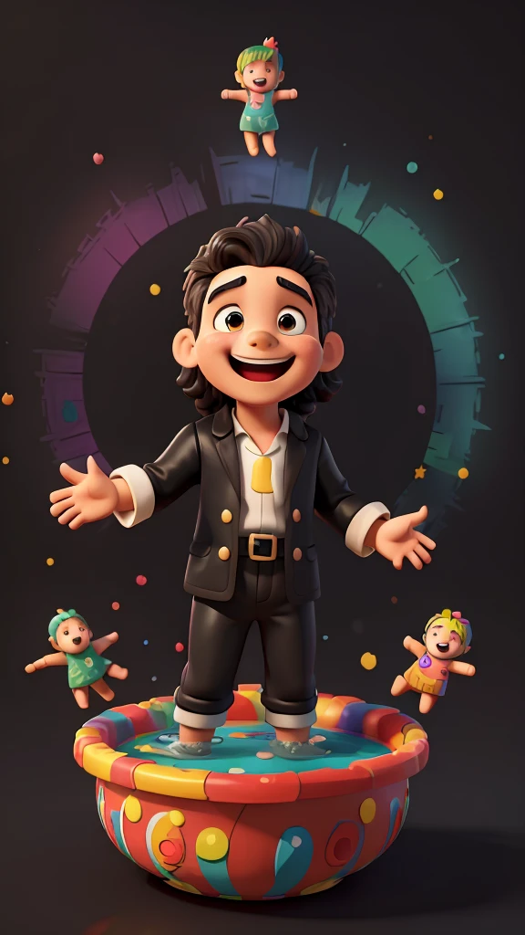 An exuberant 3D representation of (Jesus Christ as child) with an hourglass, clock (period clothing), his expressive eyes shining with joy as he laughs with his mouth open, black background with a large pool of multicolored paint, the background has animation effects. colorful splashes, (((pool of multicolored paint on a black background surrounding the character) )), The black background shines with a pool of paint behind the 3D characters.