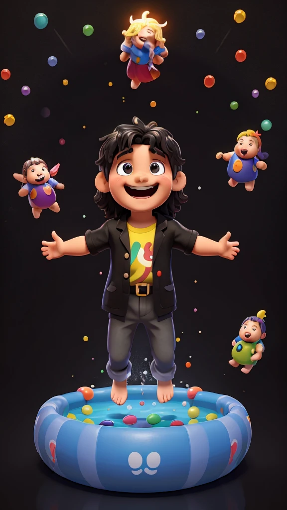 An exuberant 3D representation of (Jesus Christ ) with an hourglass, clock (period clothing), his expressive eyes shining with joy as he laughs with his mouth open, black background with a large pool of multicolored paint, the background has animation effects. colorful splashes, (((pool of multicolored paint on a black background surrounding the character) )), The black background shines with a pool of paint behind the 3D characters.