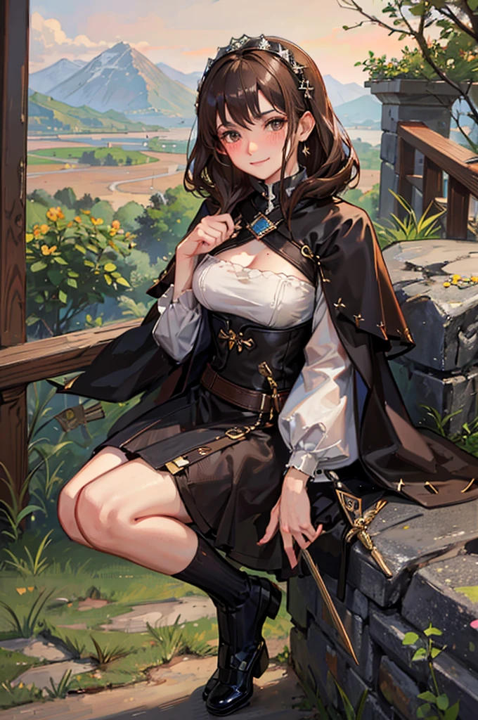 Royal sister,Mature,bandit,Brown curly hair,Fantasy,Broadsword,expression,Smirk,shy,Blushing of the face,,Black socks,