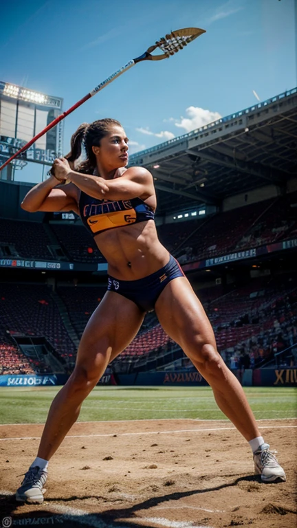 a fearless athlete, throwing a javelin spear, muscular physique, athletic pose, intense concentration, dramatic action shot, dynamic motion blur, modern sports stadium, concrete and steel architecture, bright sunlight, vivid colors, (best quality,4k,8k,highres,masterpiece:1.2),ultra-detailed,(realistic,photorealistic,photo-realistic:1.37),highly detailed, cinematic lighting, dramatic shadows, cinematic composition, sports photography