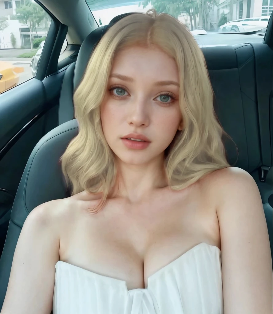 melhor qualidade, obra-prima, foto realista, 8k, 4k, extreme res, Ultra high resolution, dynamic lighting, real lighting, Soniadiamond, sentada no banco de um carro luxuoso, banco de couro bege, upper_body, selfie, Sexy vestido preto, foto Raw