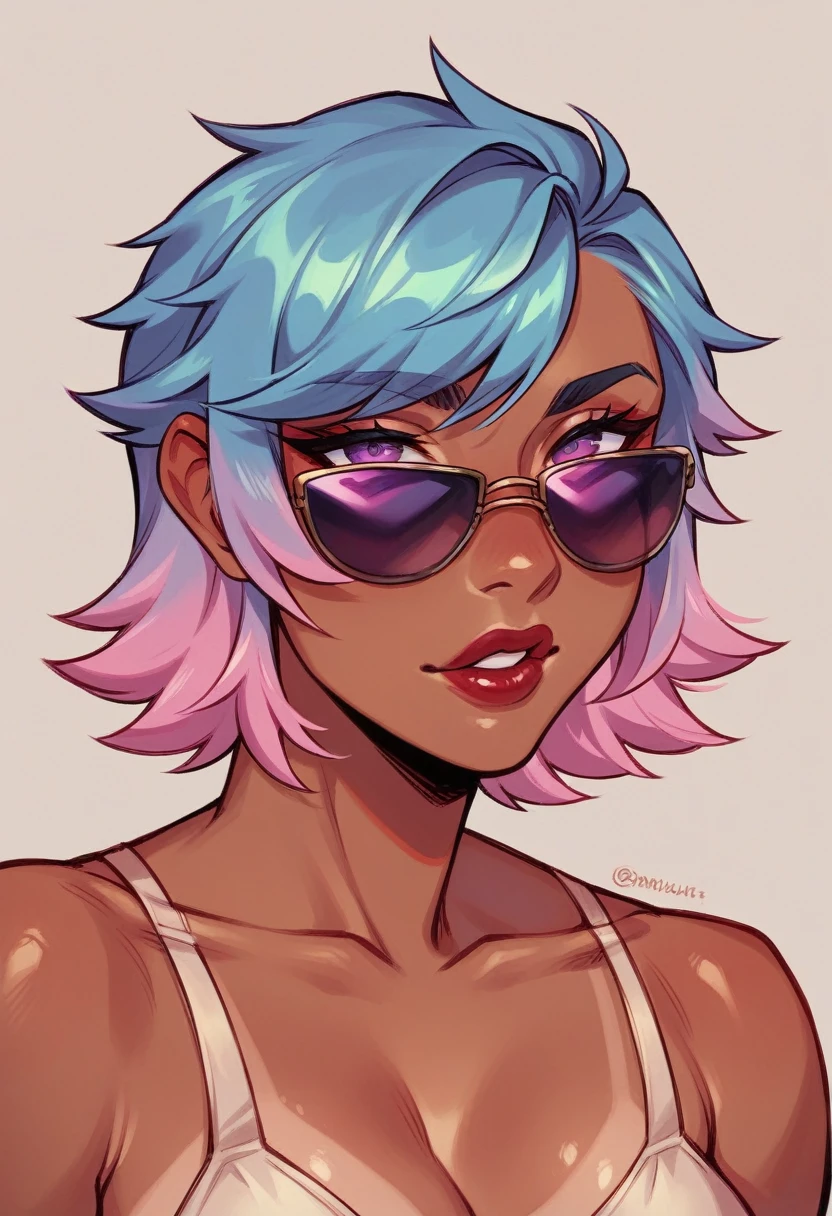 She was a 1.65 meters tall woman, she had white coloured hair with shades of pink on the tips, this combined well with pink-violet eyes, and her tanned skin gave her a different charm than others. Her small nose, and rosy red lips, combined with the perfect hourglass physique made her an extremely beautiful and alluring woman.