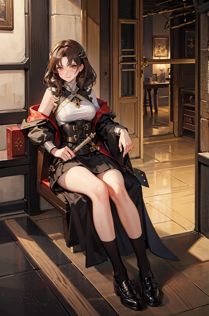 Royal sister,Mature,bandit,Brown curly hair,Fantasy,Broadsword,expression,Smirk,shy,Blushing of the face,,Black socks,