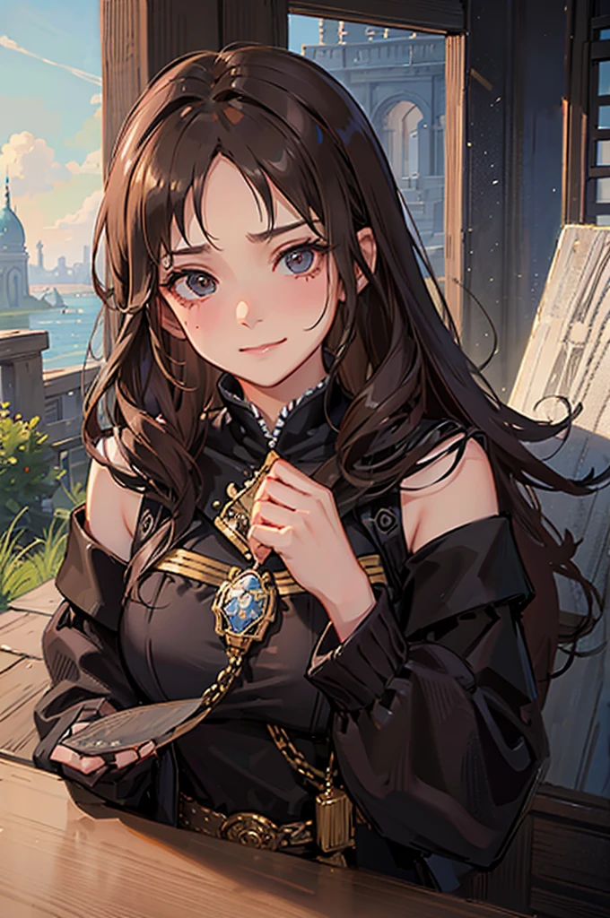 Royal sister,Mature,bandit,Brown curly hair,Fantasy,Broadsword,expression,Smirk,shy,Blushing of the face,,Black socks,