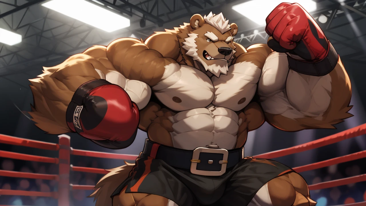 solo, 1boy, Huge Muscular Old Grizzly Bear wearing black boxing belt , black boxing gloves, huge pectoral, thick arms, brown fur, huge pectoral, wide pectoral, short white hair, short pants and shirtless, bearded, gym boxing ring background, masterpiece, semirealistic:1.2, high detailed, 8k, high resolution, punching and blocking, punching the camera