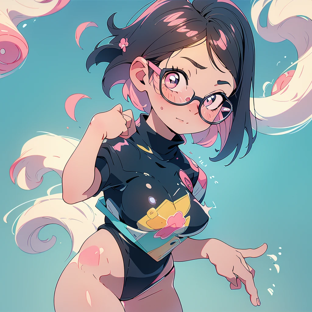 Girl with bob cut and glasses taking off pink swimsuit, touching breasts with both hands, big breasts, looking up, black hair, winking, seaside, pastel colors