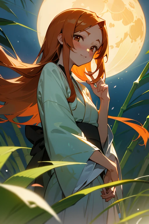 anime style, super fine illustration, super detailed, dynamic angle,masterpiece,best quality,beautiful background,8K, On a summer night during Tanabata,rain,Bamboo leaf,Beautiful Moon,Break perfect face,perfect hands,perfect fingers,(brasched face:1.3),Orihime,Arms crossed,Blushing,Tsundere,