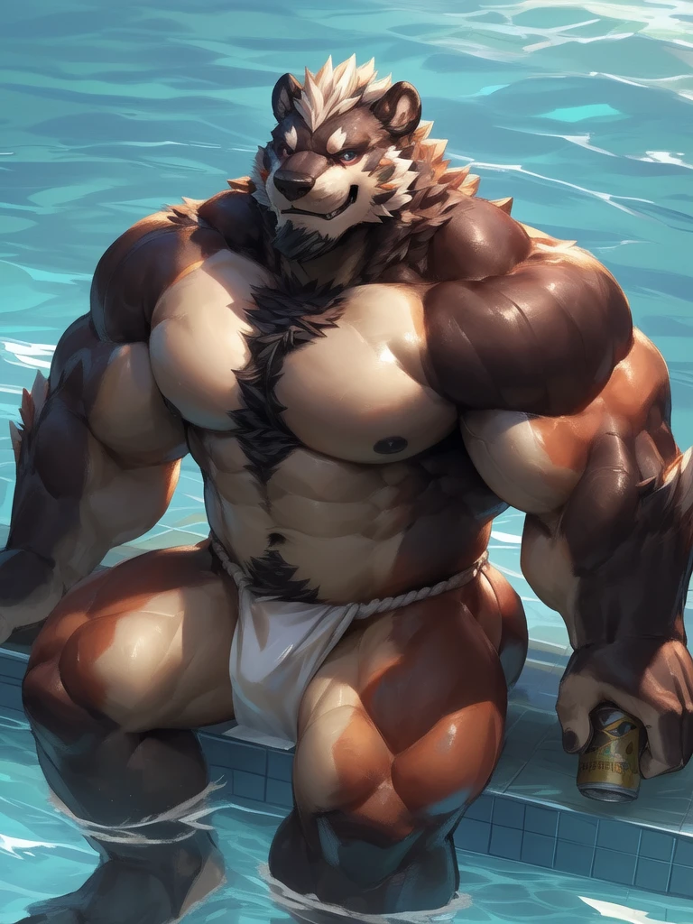 lindong, lucusold, lanxus, a man with a huge muscle, furry otter, beer, beer can, sitting in pool, ((huge muscular:1.2, wide pwctoral, thick arms, sixpack)), smile, thicc, lowres, (fundoshi), giant and muscular, danbooru and artstation, heavy detailed, insanely inflated hips, nude, proportionally arms, fluffy chest, commission for high res, detailed but rough, semirealistic:1.3
