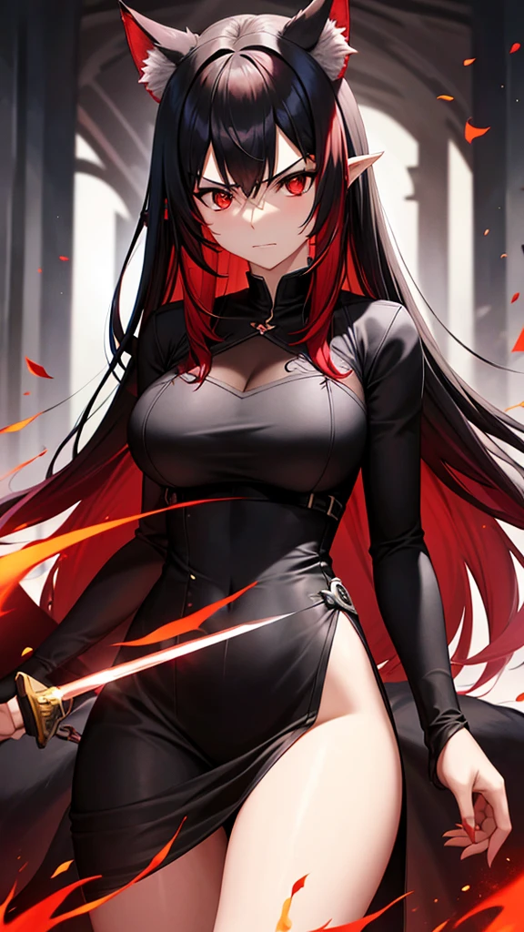 An adult woman, half wolf, black and red ears, ears down, red eyes, black and red hair, wide breasts, white dress, very angry, holding a sword