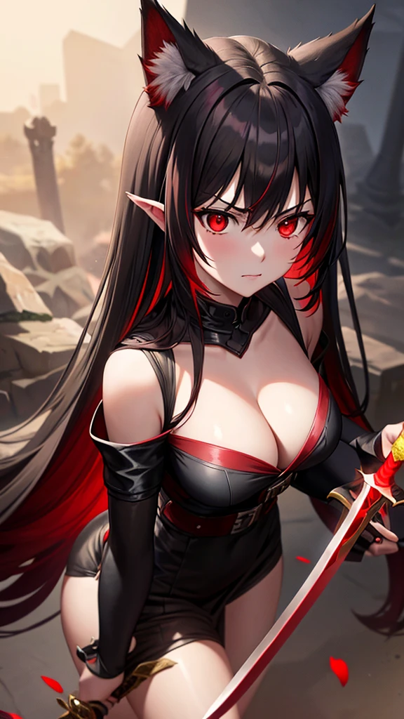 An adult woman, half wolf, black and red ears, ears down, red eyes, black and red hair, wide breasts, white dress, very angry, holding a sword