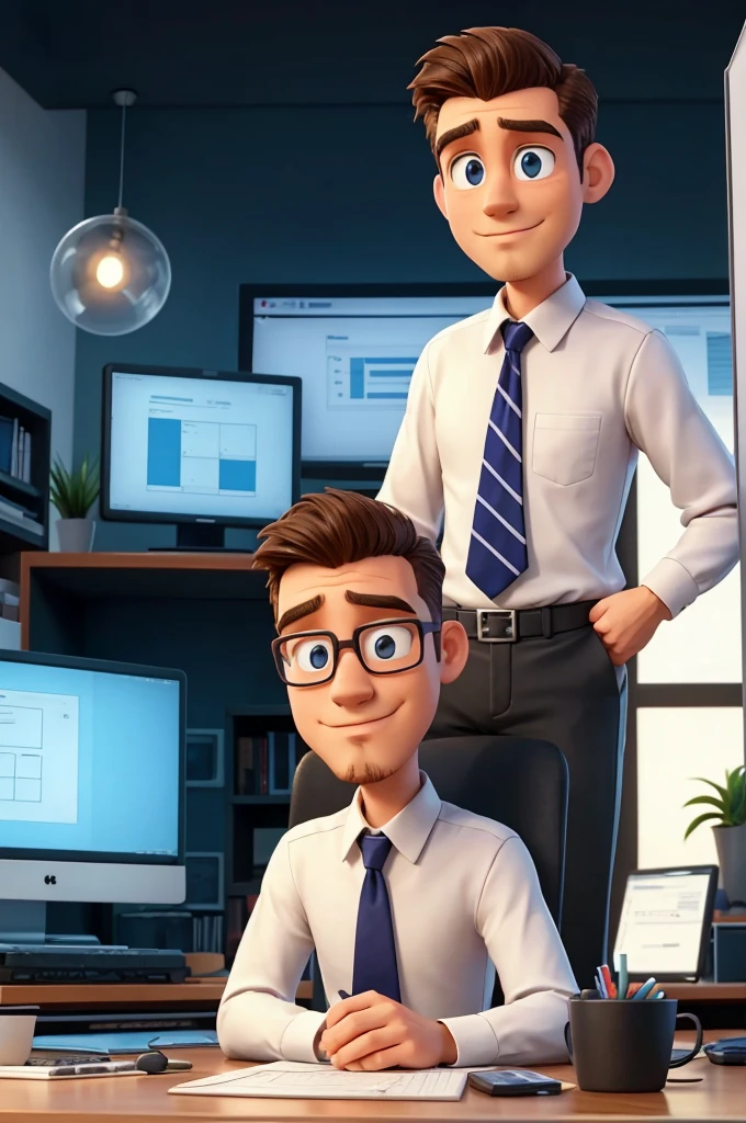 Create a professional man, working on a project! In front of a computer screen, he is planning a Lean Management planning framework! On the computer screen, The phased structure of your Lean Management project should appear! Add a goatee to the one sitting!