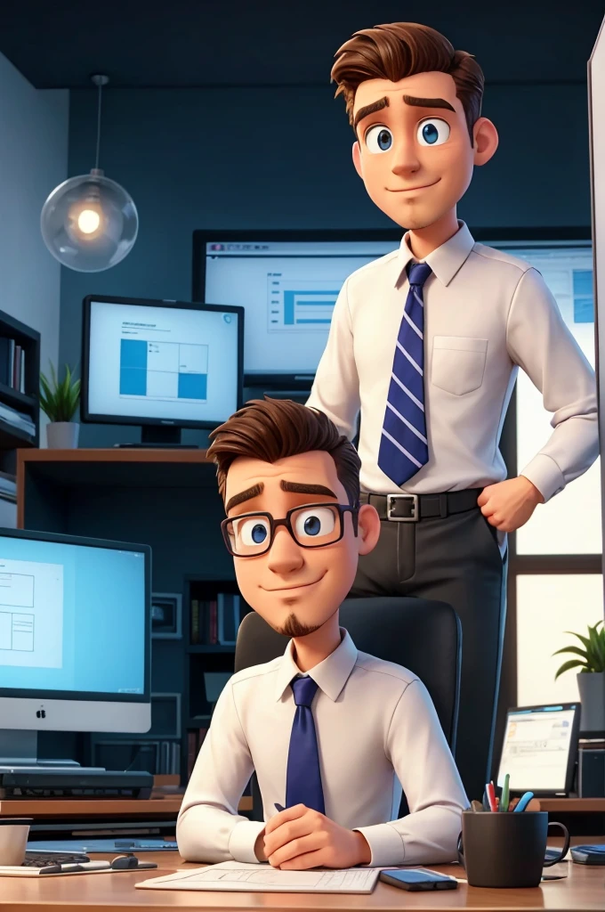 Create a professional man, working on a project! In front of a computer screen, he is planning a Lean Management planning framework! On the computer screen, The phased structure of your Lean Management project should appear! Add a goatee to the one sitting!