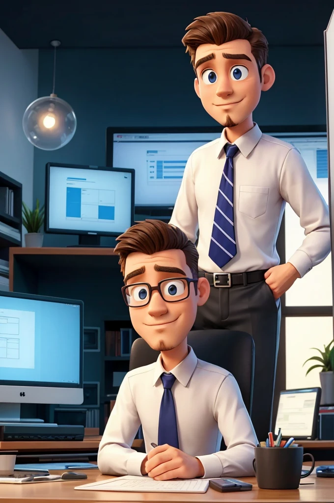 Create a professional man, working on a project! In front of a computer screen, he is planning a Lean Management planning framework! On the computer screen, The phased structure of your Lean Management project should appear! Add a goatee to the one sitting!