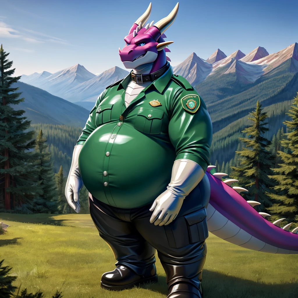 solo, full body, Male, fat, extremely obese, Dragon, park ranger, trousers, outdoor, park ranger uniform, collared shirt with ons, blue eyes, (soft shading), 4k, hi res, ((detailed face, detailed)), looking at viewer, evil grin, Dragon is wearing the collared shirt and leather collar at the same time, Dragon is wearing a glossy leather dog collar around the neck, Dragon is wearing white rubber gloves on the hands, white rubber gloves on the feet, gloves are rubber in texture, leather collar is shiny, leather collar is extremely detailed, rubber gloves are glossy, Evergreen pine forest and mountains national park in the background, Environmental protection area.