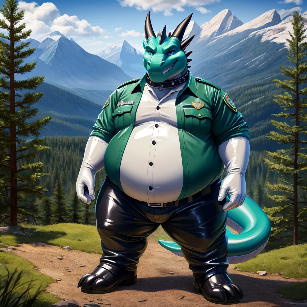 solo, full body, Male, fat, extremely obese, Dragon, park ranger, trousers, outdoor, park ranger uniform, collared shirt with buttons, blue eyes, (soft shading), 4k, hi res, ((detailed face, detailed)), looking at viewer, evil grin, Dragon is wearing the collared shirt and leather collar at the same time, Dragon is wearing a glossy leather dog collar around the neck, Dragon is wearing white rubber gloves on the hands, white rubber gloves on the feet, gloves are rubber in texture, leather collar is shiny, leather collar is extremely detailed, rubber gloves are glossy, Evergreen pine forest and mountains national park in the background, Environmental protection area.