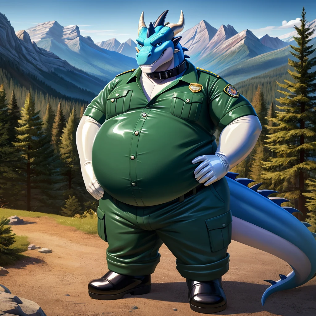 solo, full body, Male, fat, extremely obese, Dragon, park ranger, trousers, outdoor, park ranger uniform, collared shirt with buttons, blue eyes, (soft shading), 4k, hi res, ((detailed face, detailed)), looking at viewer, evil grin, Dragon is wearing the collared shirt and leather collar at the same time, Dragon is wearing a glossy leather dog collar around the neck, Dragon is wearing white rubber gloves on the hands, white rubber gloves on the feet, gloves are rubber in texture, leather collar is shiny, leather collar is extremely detailed, rubber gloves are glossy, Evergreen pine forest and mountains national park in the background, Environmental protection area.