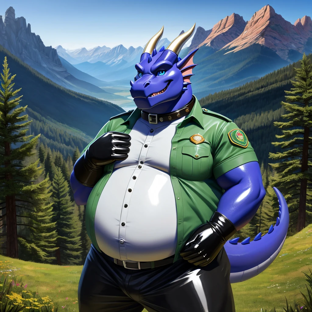 solo, full body, Male, fat, extremely obese, Dragon, park ranger, trousers, outdoor, park ranger uniform, collared shirt with buttons, blue eyes, (soft shading), 4k, hi res, ((detailed face, detailed)), looking at viewer, evil grin, Dragon is wearing the collared shirt and leather collar at the same time, Dragon is wearing a glossy leather dog collar around the neck, Dragon is wearing white rubber gloves on the hands, white rubber gloves on the feet, gloves are rubber in texture, leather collar is shiny, leather collar is extremely detailed, rubber gloves are glossy, Evergreen pine forest and mountains national park in the background, Environmental protection area.