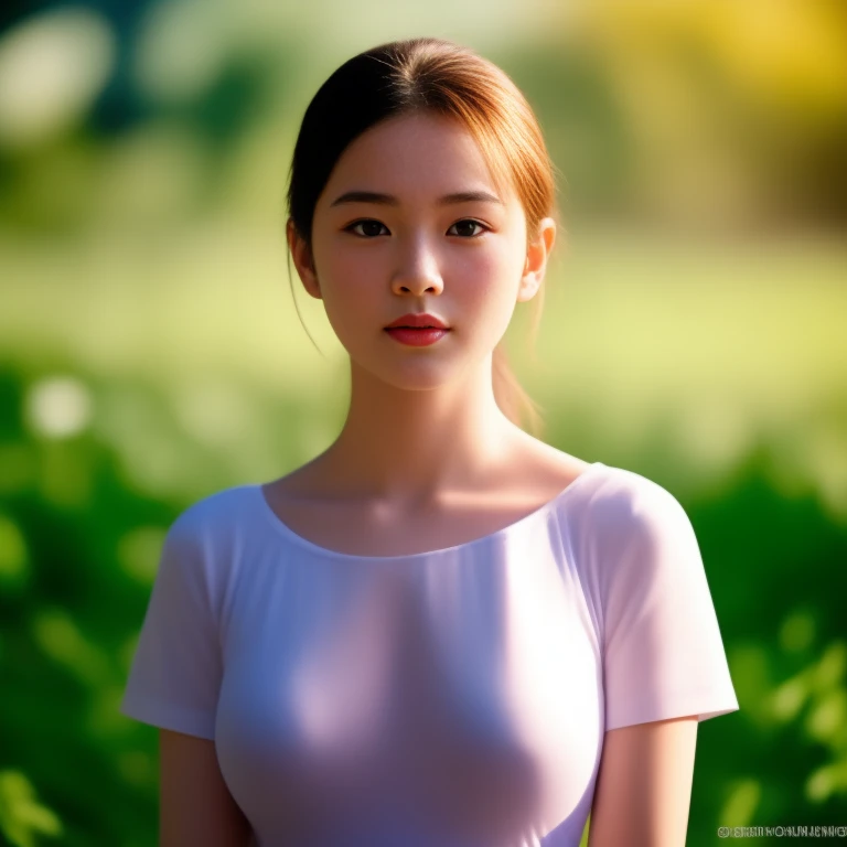 Close-up of a woman with long hair wearing a green shirt, Chinese girl, Gorgeous Chinese model, beautiful south korean women, Ruean Jia is very beautiful.!, Inspiration from Huang Ji, gongbi, Korean girl, Xindong Chen, Li Zixin,Big eyes,Double eyelids, black eyes, very large breasts, 38 inches, The chest is round and curved and shiny., abdominal muscles, perfect body, Wear a dark round neck t-shirt., Bright colors, expensive silk, outdoor, Warm light, The morning sun shines beautifully., (digital painting, HDR, high contrast), straight face, face focus), (Highest quality),(Masterpiece:1.3),(sharp focus:1.2),glowing face, (Red cheeks:1.4), ยืนเดินoutdoor, The evening sun shines beautifully and realistically., 