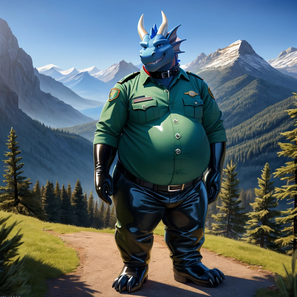 solo, full body, Male, fat, extremely obese, Dragon, park ranger, trousers, outdoor, park ranger uniform, collared shirt with buttons, blue eyes, (soft shading), 4k, hi res, ((detailed face, detailed)), looking at viewer, evil grin, Dragon is wearing the collared shirt and leather collar at the same time, Dragon is wearing a glossy leather dog collar around the neck, Dragon is wearing white rubber gloves on the hands, white rubber gloves on the feet, gloves are rubber in texture, leather collar is shiny, leather collar is extremely detailed, rubber gloves are glossy, Evergreen pine forest and mountains national park in the background, Environmental protection area.