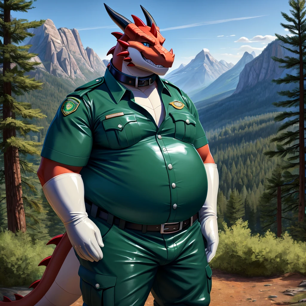 solo, full body, Male, fat, extremely obese, Dragon, park ranger, trousers, outdoor, park ranger uniform, collared shirt with buttons, blue eyes, (soft shading), 4k, hi res, ((detailed face, detailed)), looking at viewer, evil grin, Dragon is wearing the collared shirt and leather collar at the same time, Dragon is wearing a glossy leather dog collar around the neck, Dragon is wearing white rubber gloves on the hands, white rubber gloves on the feet, gloves are rubber in texture, leather collar is shiny, leather collar is extremely detailed, rubber gloves are glossy, Evergreen pine forest and mountains national park in the background, Environmental protection area.