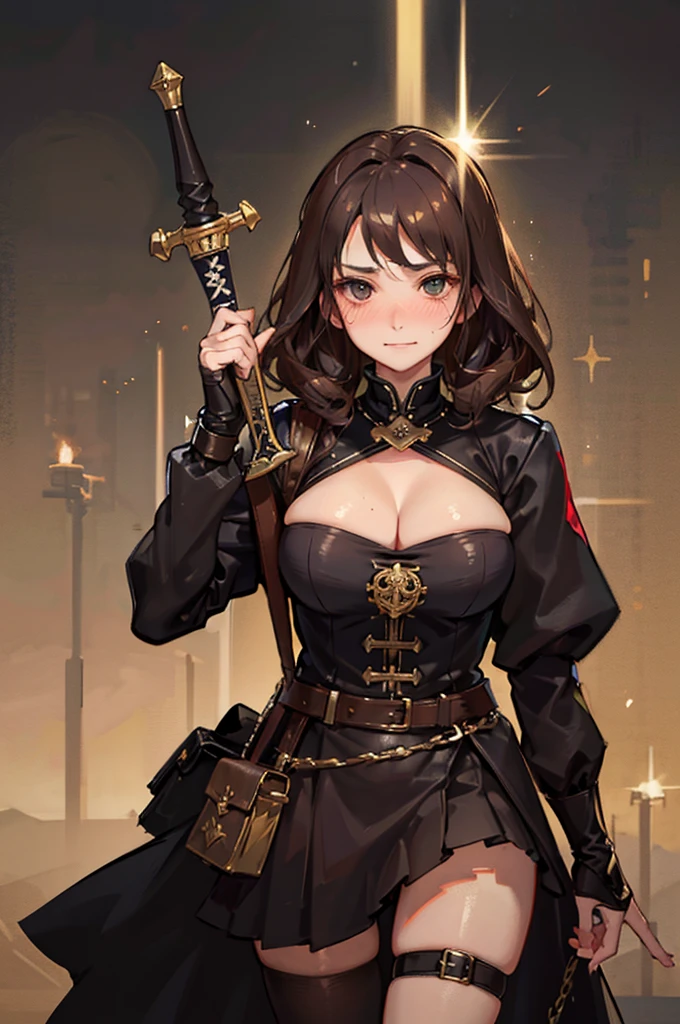 Royal sister,Mature,bandit,Robber Identity,Brown curly hair,Fantasy,Broadsword,expression,Smirk,shy,Blushing of the face,,Black socks,Soldier,fully armed,The weapon is a huge sword,