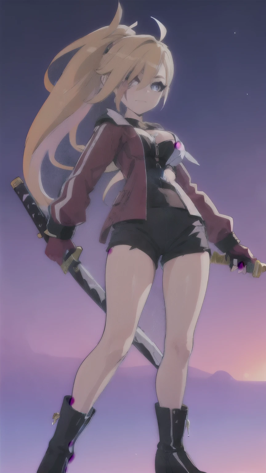1 girl, ultra long hair, ultra detailed face, glowing lips, glowing blue eyes, very long ponytail, elegant walk, catwalk, holding down a giant katana, blonde, long eyelashes, long boots , looking to the sky, starry sky, a ultra giant katana