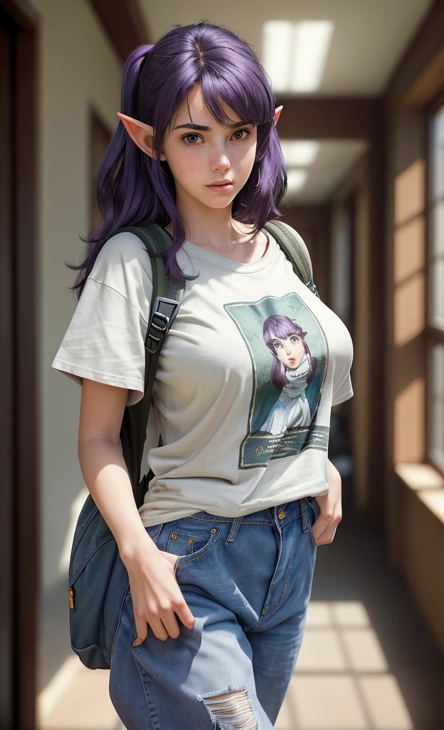 (masterpiece), (extremely intricate:1.3), (realistic), portrait of a girl, huge and perfect breasts, the most beautiful in the world, dark eyebrows, bright purple hair, short very shaggy and messy hair, almond eyes, embarrassed expression, blushing slightly, (oversized baggy band t-shirt), (baggy jeans), (backpack), elf ears, pale skin, detailed textures, upper body, indoors, bright sunlight, classroom hallway, professional photograph of a stunning woman detailed, looking at the camera, alluring stare, detailed eyes, sharp focus, dramatic, award winning, cinematic lighting, octane render  unreal engine,  volumetrics dtx, (film grain, blurry background, blurry foreground, bokeh, depth of field, motion blur:1.3)