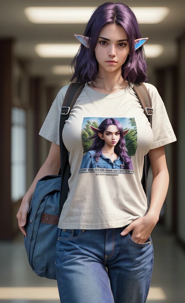(masterpiece), (extremely intricate:1.3), (realistic), portrait of a girl, huge and perfect breasts, the most beautiful in the world, dark eyebrows, bright purple hair, short very shaggy and messy hair, almond eyes, embarrassed expression, blushing slightly, (oversized baggy band t-shirt), (baggy jeans), (backpack), elf ears, pale skin, detailed textures, upper body, indoors, bright sunlight, classroom hallway, professional photograph of a stunning woman detailed, looking at the camera, alluring stare, detailed eyes, sharp focus, dramatic, award winning, cinematic lighting, octane render unreal engine, volumetrics dtx, (film grain, blurry background, blurry foreground, bokeh, depth of field, motion blur:1.3)