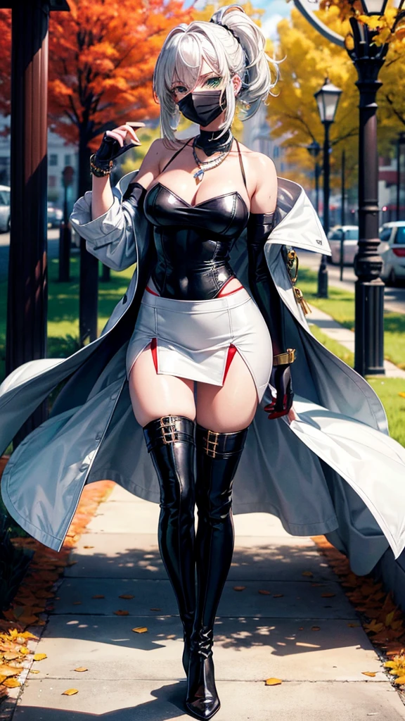 score_9, score_8_up, score_7_up, score_6_up, score_5_up, score_4_up, source_anime,
ultra quality, young woman, high, bright skin, White hair,t-shirt,strappy, slim, topic, skirt,Delete,coat,thigh high boots, red boots, green eyes, Autumn, bracelets, park, Height,piquancy,Exquisitely,long gloves,open shoulders,necklace, for the whole growth.
good drawing of the eyes,ultra quality,I look at the viewer