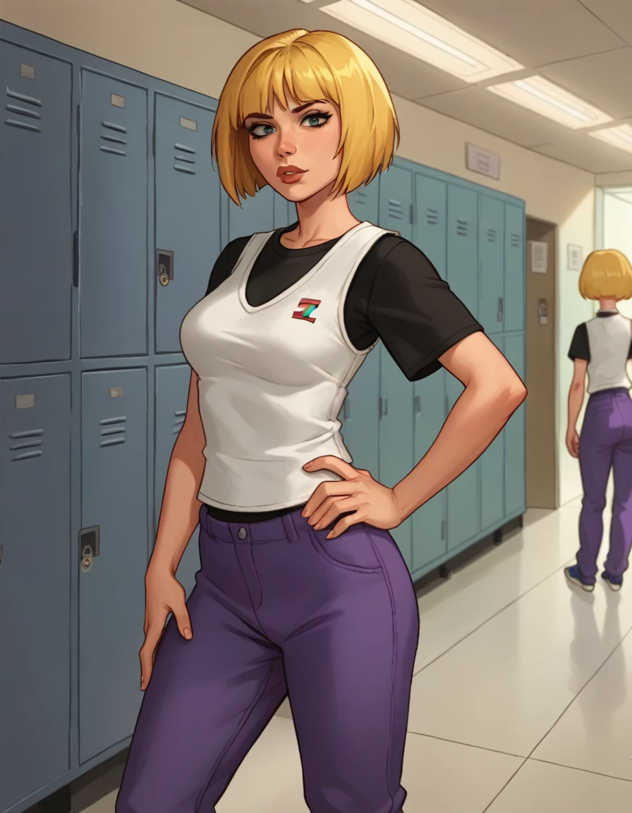 nazz, lips, white vest, 1girl, black t-shirt, solo, blonde hair, short hair, purple pants, bob cut, ,looking at viewer,simple background, breasts, ,hand on own hip, school,locker, hallway, score_9, score_8_up,