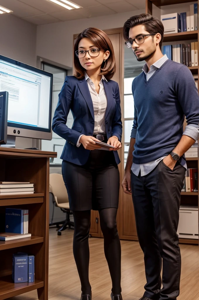 Create two professionals a man and a woman talking to each other, working on a project! In an office with books on shelves and computers. In front of a computer screen, they are talking about productivity!