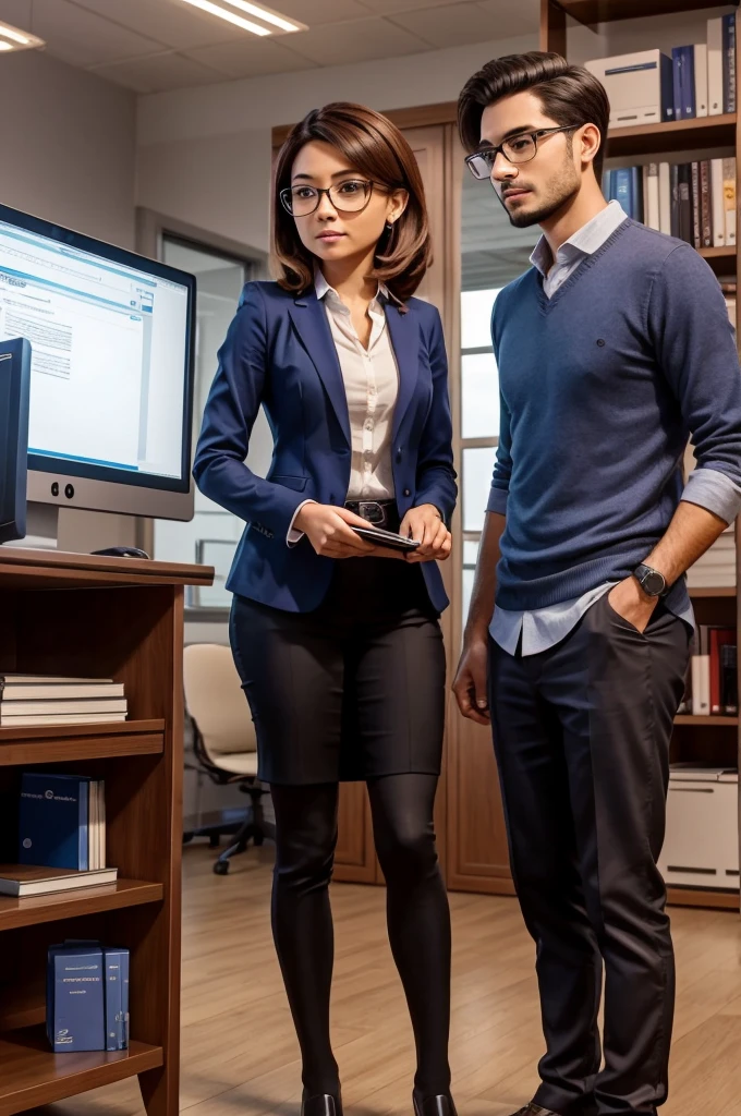 Create two professionals a man and a woman talking to each other, working on a project! In an office with books on shelves and computers. In front of a computer screen, they are talking about productivity!