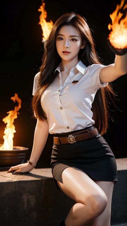 Masterpiece:1.2, best quality, 8k, UHD, high detailed, knee shot, portrait, hyperrealistic, cinematic light, 18s woman, thai university, uniform, white shirt, black tight short skirt, brown sueded belt, perfect figure, perfect body proportion, beautiful, pretty, digital art, light and shadow, gold fire hair, dynamic powerful pose, high contrast, explosive bomb, flame create from her, flame and fire and blue lightening background