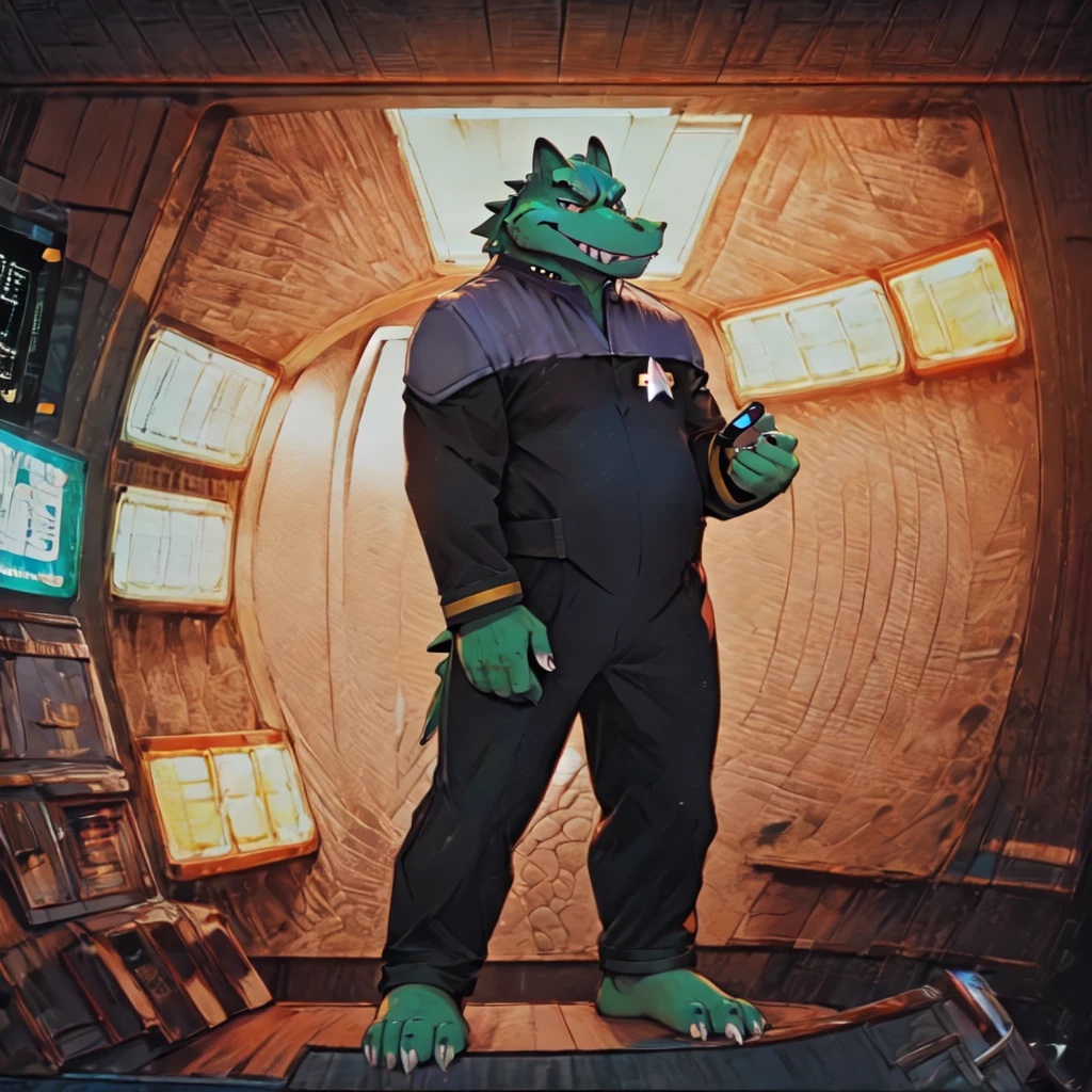 (((Barefoot scaley character, full body, cinematic setting, furry male, plantigrade))) 
Doctor (((kingkrool))), crocodile, green skin, reptile, gold bracelets, scales, bloodshot eye, fat, obese,
exudes confidence and authority, wears star trek DS9 doctor teal uniform, ((ds9st, black and grey star trek uniform, grey shoulders, teal neck, black jumpsuit, black pants)) dynamic pose, holding medical tricorder, ((starship interior with many screens and consoles)), futuristic look, metalic, bright colors
BREAK, intricate details, highly detailed, extreme detail, octane render, fine art, best quality, highres, (detailed face:1.5), ((full_body)), UHD, (((perfect hands))), ((low light:1.5))