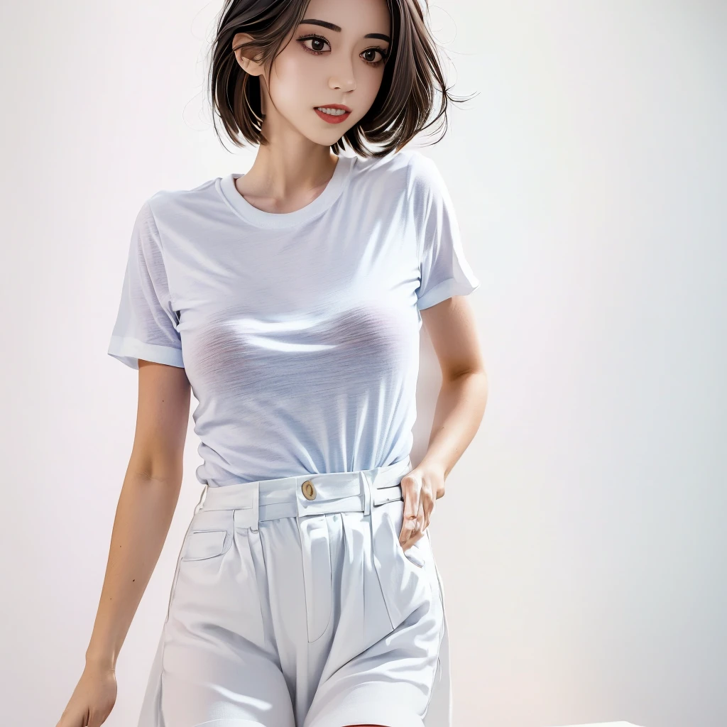 (masterpiece, best quality,:1.2), 1girl, (solo:1.3), upper body, white shirt, short sleeves, , (waifu, realistic, real life, exceptional, best aesthetic, new, newest, best quality, masterpiece:1.2), soft_lighting, soft_skin_tone, feminin_hair, (white background, simple background,:1.2),