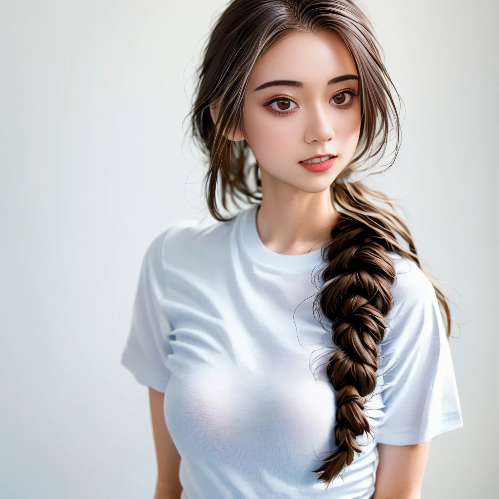 (masterpiece, best quality,:1.2), 1girl, (solo:1.3), upper body, white shirt, short sleeves, , (waifu, realistic, real life, exceptional, best aesthetic, new, newest, best quality, masterpiece:1.2), soft_lighting, soft_skin_tone, feminin_hair, (white background, simple background,:1.2),