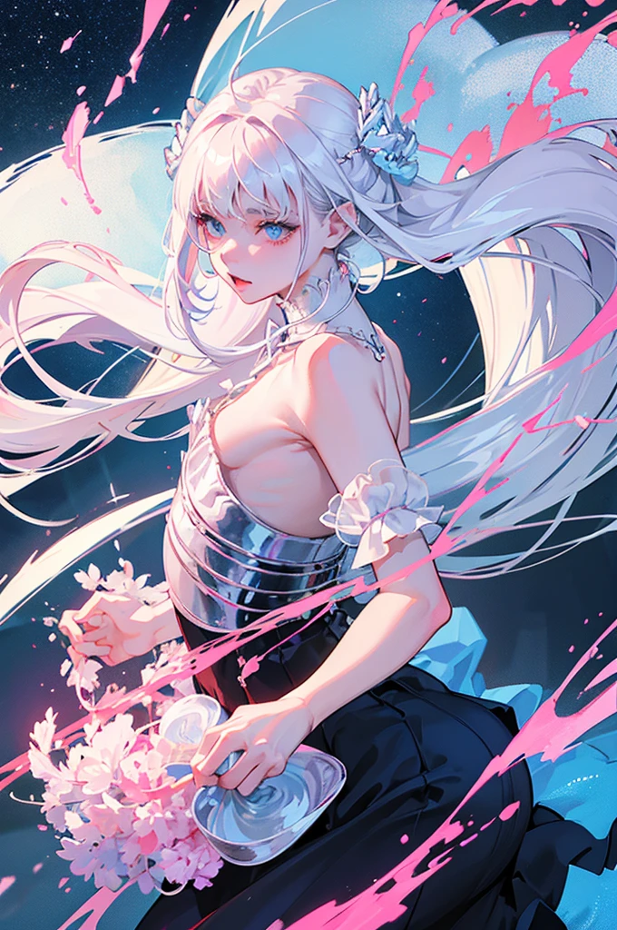 Albino age man with delicate appearance, She has light blue eyes with long, drooping eyelashes., lips a little full and pink just like her cheeks, fringed and layered hair with split ends