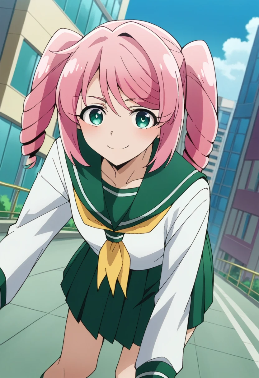 score_9, score_8_up, score_7_up, source_anime,
harukahanabishi, haruka hanabishi, twintails, green eyes, pink hair,
skirt, shirt, long sleeves, , white shirt, pleated skirt, serafuku, sailor collar, neckerchief, green skirt, green sailor collar,
outdoors, cityscape, bent over, smile,
looking at viewer, dutch angle, cowboy shot