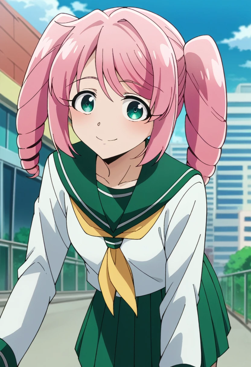 score_9, score_8_up, score_7_up, source_anime,
harukahanabishi, haruka hanabishi, twintails, green eyes, pink hair,
skirt, shirt, long sleeves, , white shirt, pleated skirt, serafuku, sailor collar, neckerchief, green skirt, green sailor collar,
outdoors, cityscape, bent over, smile,
looking at viewer, dutch angle, cowboy shot