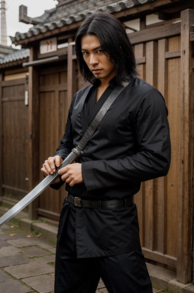 Make a man wear a black suit, mehang katana , background khas ninja jepang, realistic, cosplay.