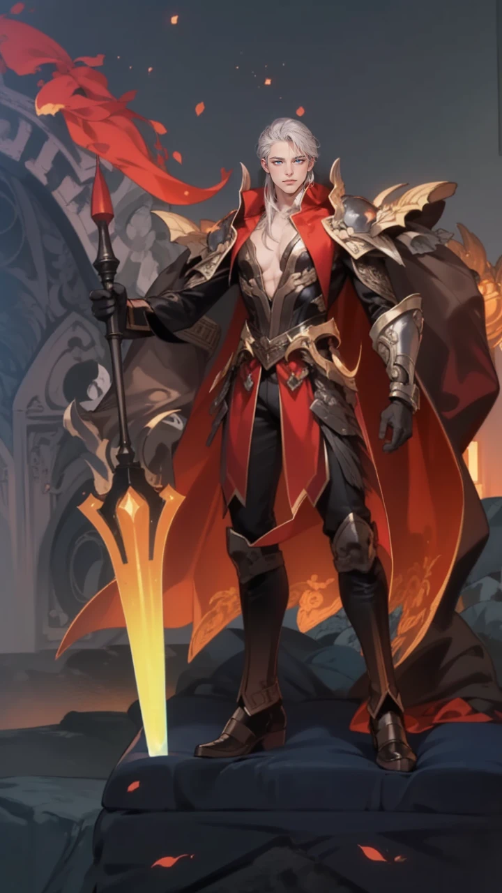 masterpiece, best quality, realistic, 1man, mature male, quiet and charming young man, 25 years old, serious look, extremely detailed face, ((ice blue eyes)), ((long sliver hair)), [thick eyebrows], emperor, detailed background, ((suit)), cinematic lighting, looking at the audience, posture dynamics, smirk, blue cape, black suit, black pants, (Silver-haired, blue-eyed man, relaxing on the sofa by the window, :1.5), (masterpiece, top quality, best quality, beautiful illustration, official art, wide angle, beautiful and aesthetic,1 man,:1.5), Masterpiece Background Midnight, Darkness, Dark Room, Dark tone, castle, castle windows, Moonlight, (Moonlight Only: 1.5), Invincible Smile, Bewitching, long hair
