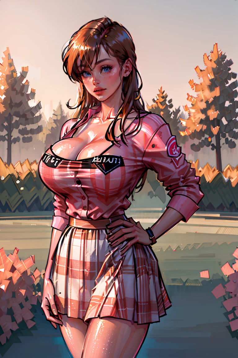 (best quality,4k,8k,highres,masterpiece:1.2),ultra-detailed,realistic,sexy high school girl with orange hair in a garden setting,beautiful detailed eyes, beautiful detailed lips,extremely detailed eyes and face,long eyelashes,flawless skin,pink panties peeking from under the skirt,gorgeous pink and black ,fitted skirt accentuating the curves,plaid pattern on the skirt,cropped white blouse,unbuttoned top buttons,large round breasts,confident and alluring pose,sunlight filtering through the trees,soft warm lighting,floral background, vibrant colors,portraits,high contrast,color grading with warm tones.