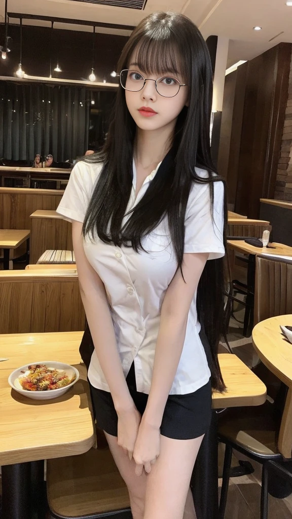 (Actually, the resolution is high.:1.3),Girl with a perfect figure, slender face and eyes, long black hair, student uniform.:1.2 shorts in a restaurant, very big breasts, very big butt, showing breasts, wearing glasses, long hair, has bangs