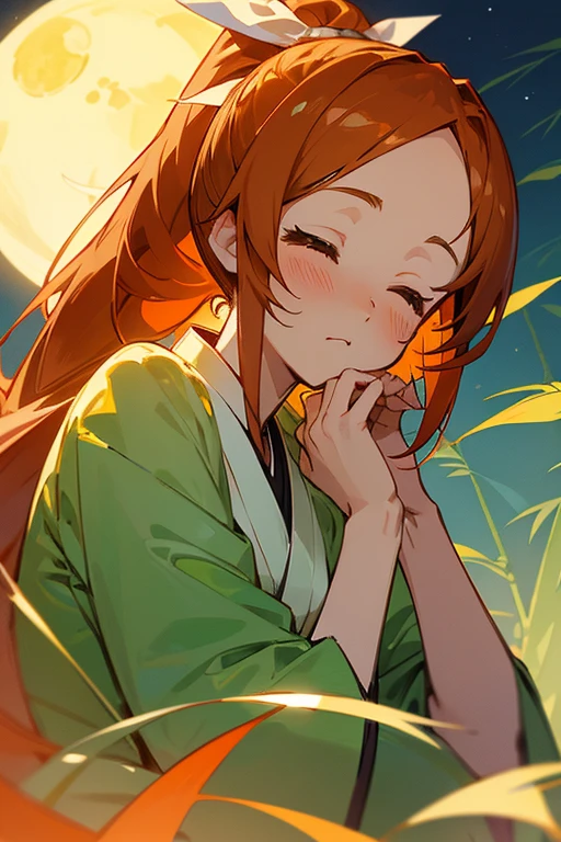 anime style, super fine illustration, super detailed, ,masterpiece,best quality,beautiful background,8K, On a summer night during Tanabata,Break background(Bamboo leaf,Beautiful Moon),Break perfect face,perfect hands,perfect fingers,(full-face brasched:1.3),Orihime,Orange Hair,kimono,Blushing,ponytail,closed eyes,pray