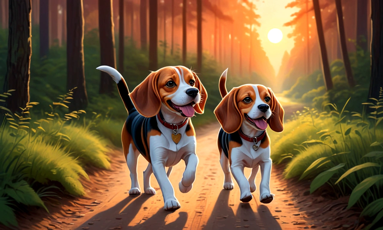 Draw a beagle and a beagle walking back along a forest trail at sunset, both smiling, with old diary in hand.