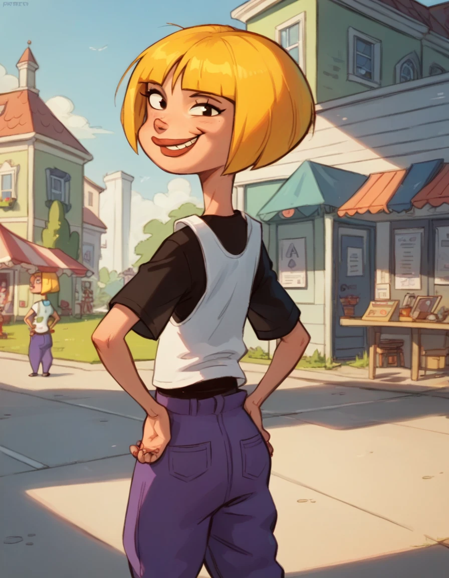nazz, lips, white vest, 1girl, black t-shirt, solo, blonde hair, short hair, purple pants, smile, bob cut, ,looking at viewer,hand on own hip, back view,